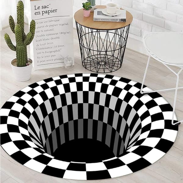 3D Illusion Tæppe Sort/Hvid Stereo Rundt Tæppe Rund Diameter Anvendelig Stue Sofabord Sofa (140cmJG-05)