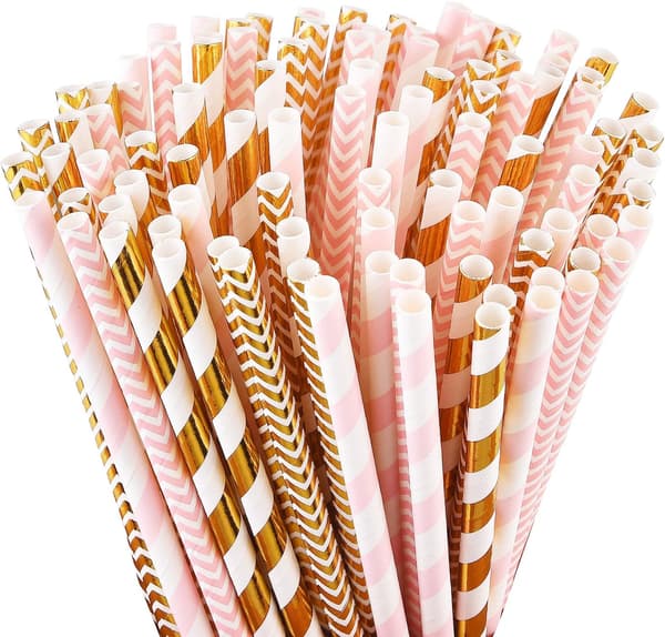 Biodegradable Paper Straws, 100 Pink Straws / Gold Straws for Party