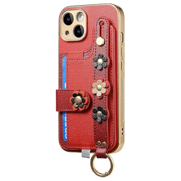 For iPhone 15 Case Leather + TPU 3D Flower Aesthetic Phone Case Card Slot