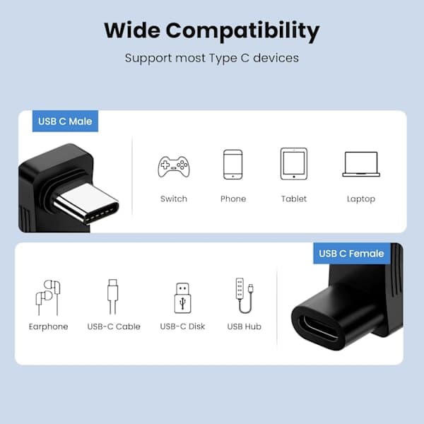 180-graders vinklet USB-C-adapter (2-pakning), U-formet USB-C 3.1 hann