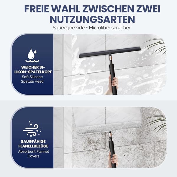 Silicone Shower Squeegee, 29.5-120 cm, No Drilling, with Holder, Black, for Windows and Bathrooms