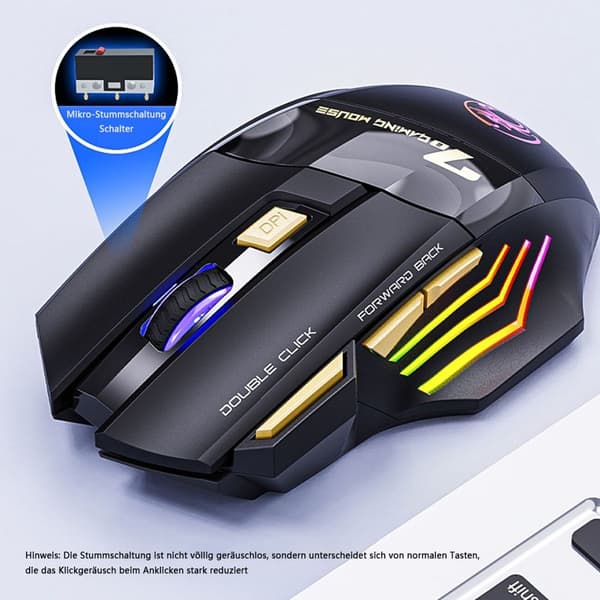Wireless Gaming Mouse, Rechargeable Silent Click Gaming Mouse with 2.4G