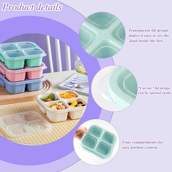 4-pakning snackbokser med rom, snackbeholdere for barn og voksne, bento matbokser med 4 rom