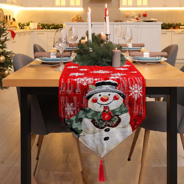 Christmas Table Runner with Tassels, Santa Snowman Elk Tree Polyester Cotton Table Runner (Snowman)