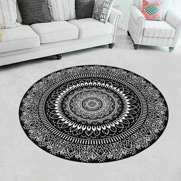 Rund matte med mandala-blomst, matte til rommet, sklisikker gulvmatte