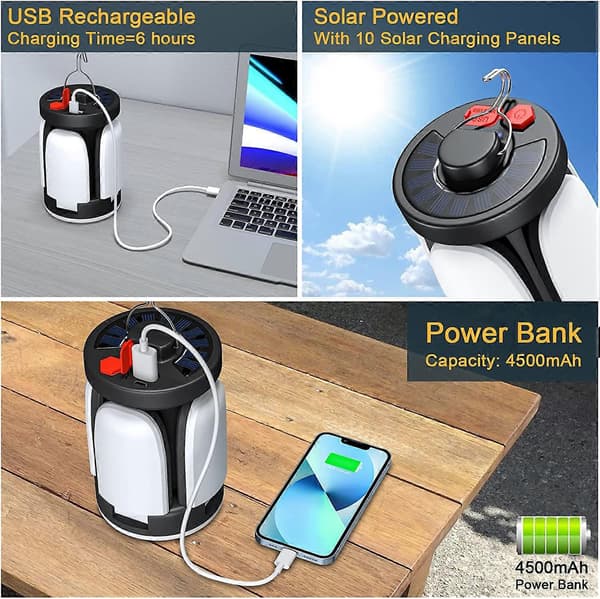 LED Campinglykt Solarlampe USB Oppladbar 6 Lysmoduser 8*8*16cm