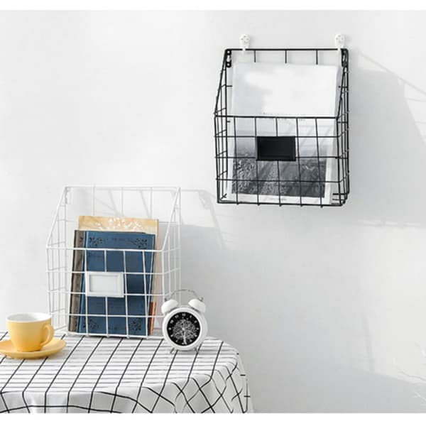 Metal Wire Mesh Shelf Hanging File Mail Document Organizer Magazine Storage Rack Wall Shelves (Black)
