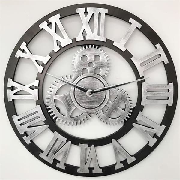 Retro Trä Rund Enkelsidig Växel Klocka Romerska Siffror Väggklocka-40cm (Silver)