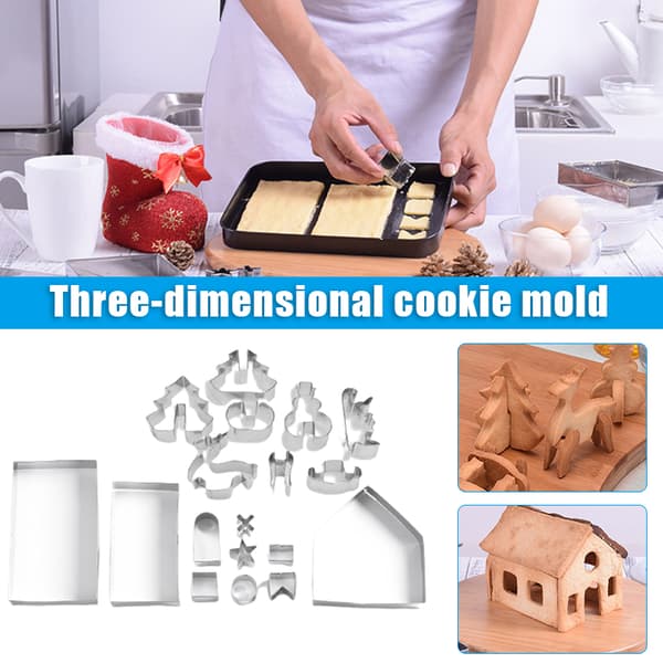 Christmas Gingerbread House Set Stainless Steel DIY Biscuit Stencils Practical Kitchen Baking Tools 18-piece Set 18-piece Set