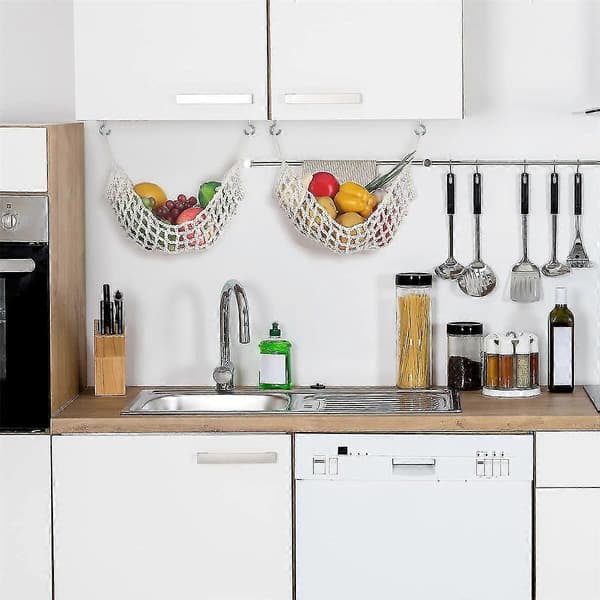 2 Pieces Macrame Fruit Hammock for Kitchen Under Cabinet Hanging Fruit Baskets Hand-Woven Decorative Fruit Net Bags