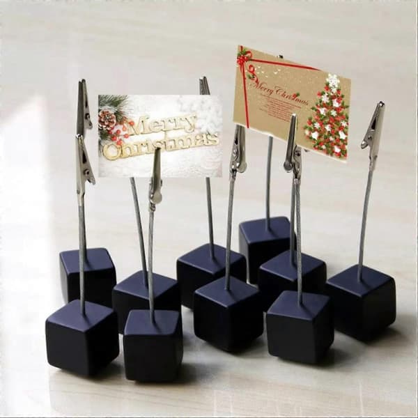 12-pack Pine Wood Table Number Holders, Memo Clips, Card Stands for Wedding Party, Desk Decoration, Black Cube Base