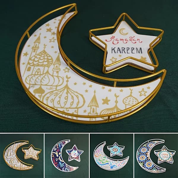 Sæt med 2 Eid Mubarak-motiv serveringsbakker Måne- og stjerneform Ramadan-pynt metal træ lavet til dessertfestival