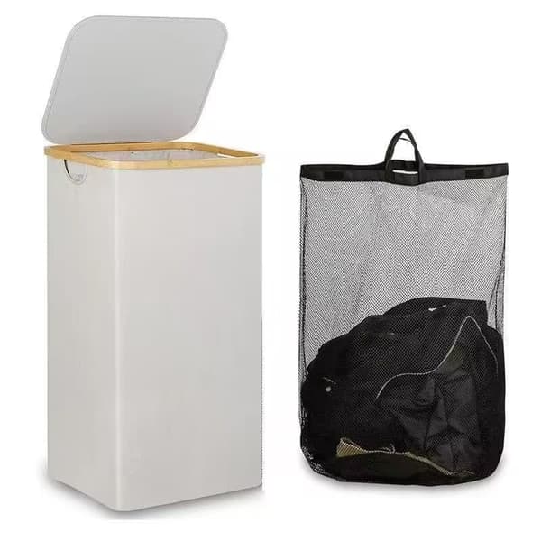Laundry Basket with Lid - 100L Large Foldable Laundry Hamper with Bamboo Handles & Inner Bag_TF_TF White Vit