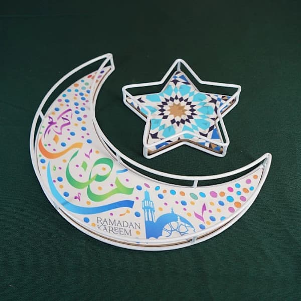 Sæt med 2 Eid Mubarak-motiv serveringsbakker Måne- og stjerneform Ramadan-pynt metal træ lavet til dessertfestival