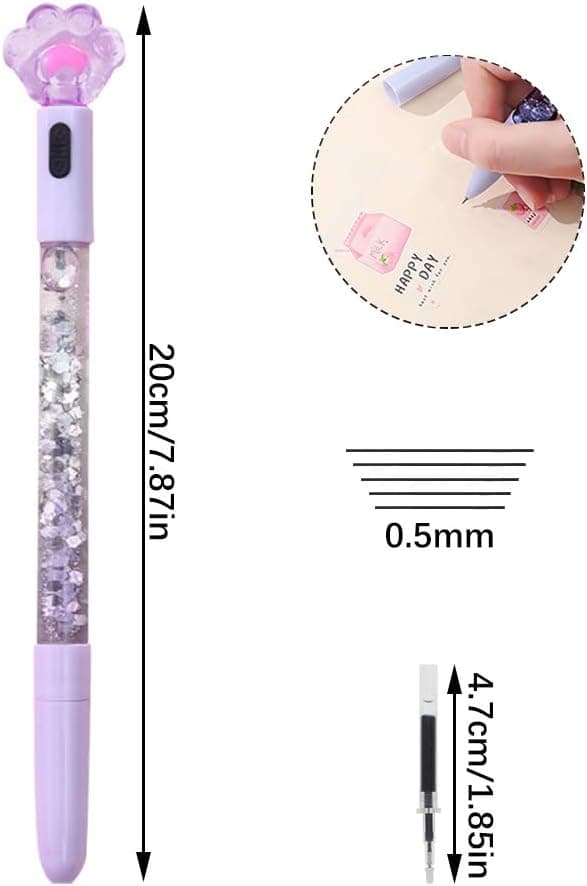 8 søte penner Kawaii morsomme penner, 0,5 mm glitrende katteklo lysende kulepenn