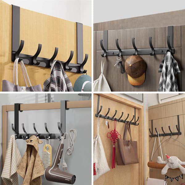 Door Hanger, Practical Black Door Clothes Hook Hanging Clothes Rack with 5 Hooks, Wall Clothes Hanger Without Drilling for Bedroom