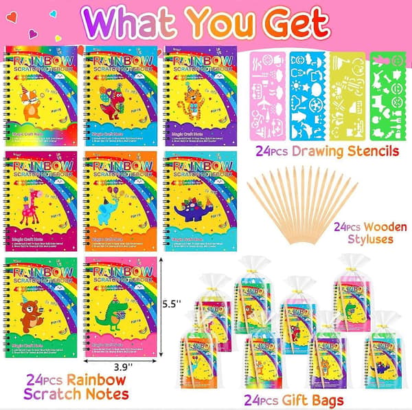 24-pack Rainbow Scratch Notebook Party Favor för barn 4-8 8-12 Scratch Art Paper Korgfyllare, påskmålarböcker Klassrum Skolutbytespris