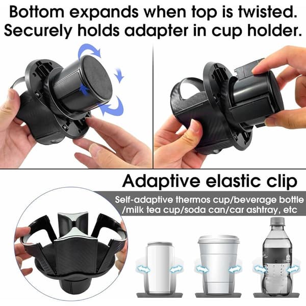 2-in-1 Multifunctional Car Cup Holder, Car Drink Holder Extension Adapter, Rotatable Adjustable Dual Bottle Holder