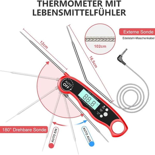 Grilltermometer digital, øjeblikkelig aflæsning kødtermometer stegetermometer, KLB