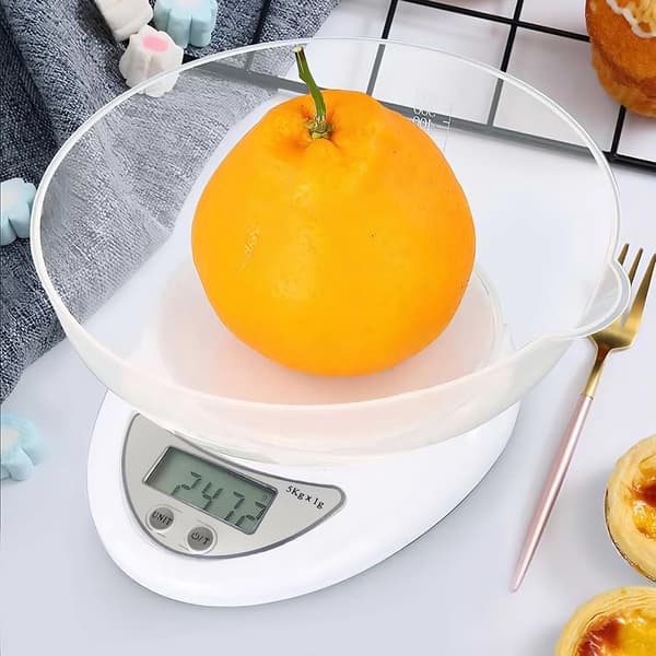 High-Precision Electronic Kitchen Scale, LCD Display, 5 kg Load, 800 ml Bowl Capacity, 5 Units and Tare Function, White