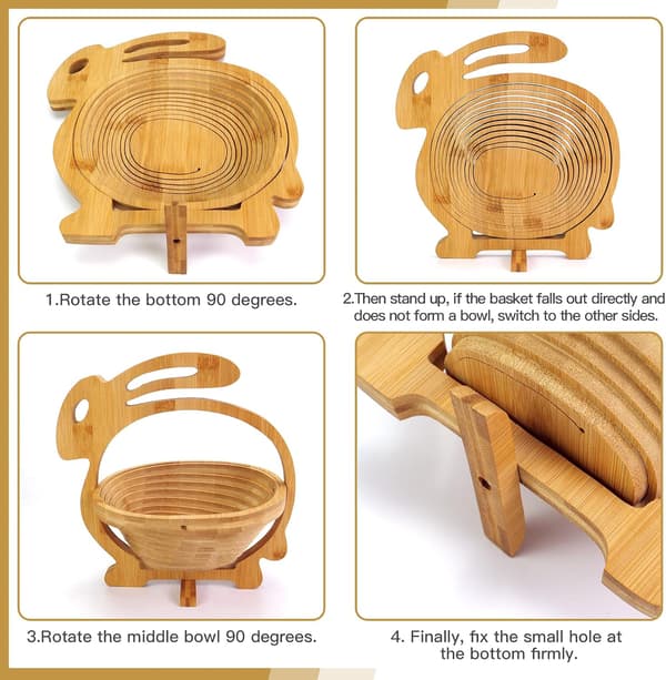 Foldable Fruit Basket Foldable Bamboo Fruit and Vegetable Basket Fruit Bowl Stand Dried Fruit Basket Suitable for Party (Rabbit)