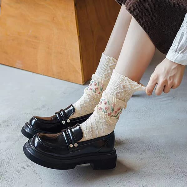 4 Par Damestrømper n Stil Blomstret Trendy Hverdags Bomuldsstrømper Gir Sort Black Black one size
