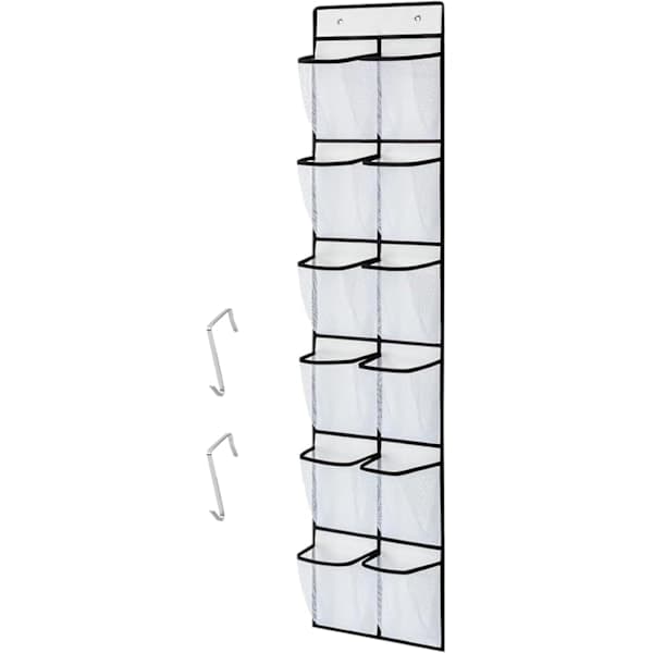White storage shelf with 12 large mesh pockets, 2 hooks for storing small tools in kitchen, bedroom, bathroom, wardrobe