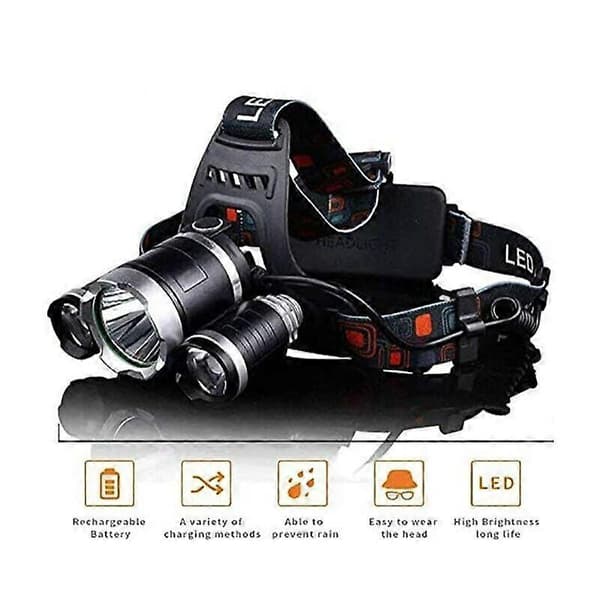 3-LED-otsalamppu, ladattava, 9000 lm, ulkoiluun