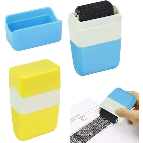 Adresseblokeringsstempel, inklusive blåt og gult stempel