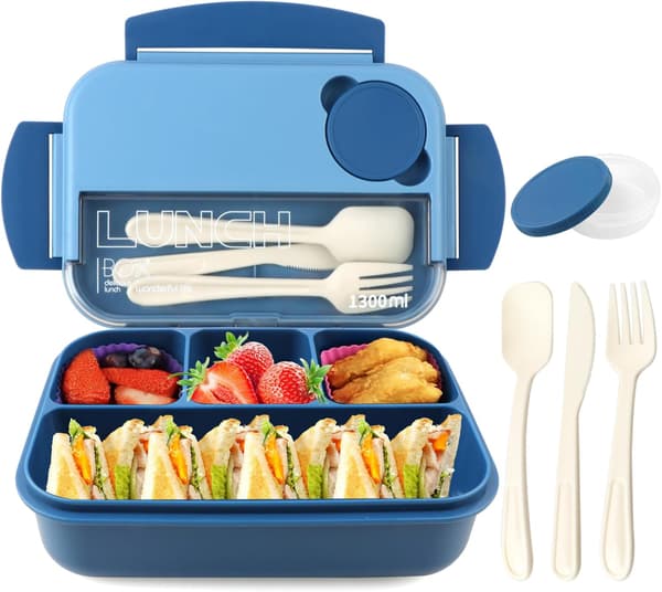 Bento Lunch Box for Adults, Leak-Proof Lunch Box with Sauce Container, Fork and Spoon