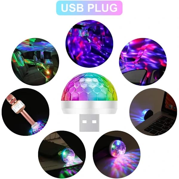 3 stk. USB Mini Diskolamper, Lydaktiverede Flerfarvede Bilatmosfære Festbelysning