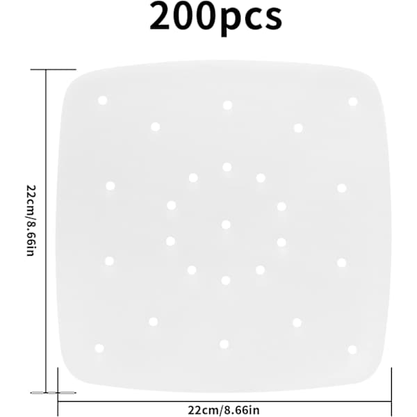 200 stk. bagepapir til airfryer, 22 cm perforeret bagepapir, firkantet dampkogerpapir til airfryer, dampkoger