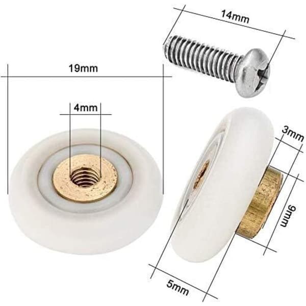 Sarja 4 suihkuoven vaihtopyörää - 19 mm - ruuveilla