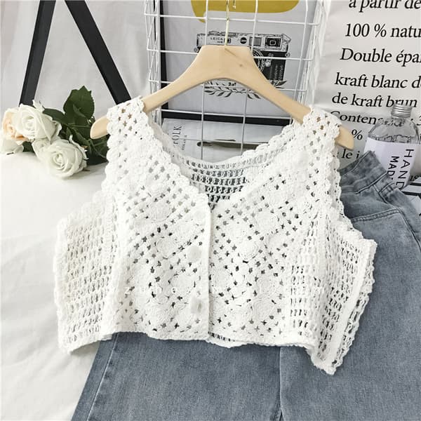 Dame Blomstret Hæklet Blonde Boho Trim Ærmeløs Åben Front Cardigan