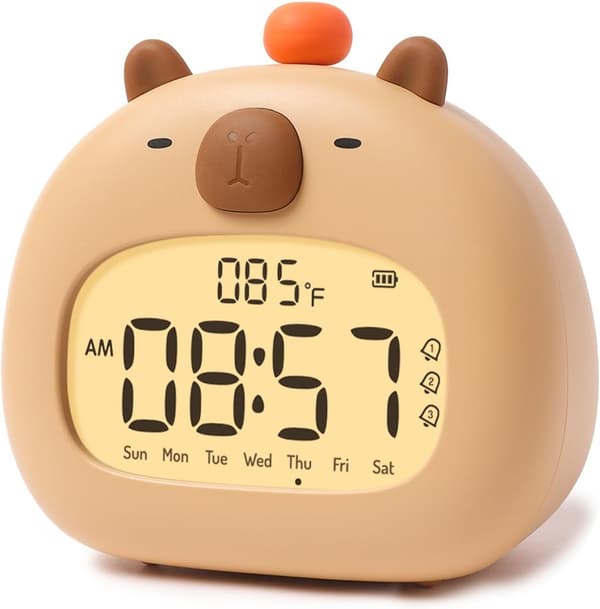 Drop-thread alarm clocks for bedroom, simple digital clock with loud beeps, cute capybara night light dimmable, children's alarm clock, boys