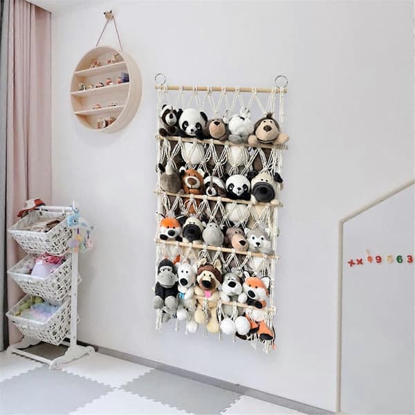 Seinäjärjestäjä Pehmolelujen säilytys Boho Makramee, vaaleanpunainen