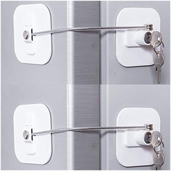 Refrigerator Lock, Mini Fridge Lock with Key for Adults, Refrigerator Lock, Cabinet Door (White 2-Pack)