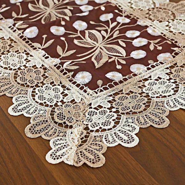 Bordløper med brodert blomstermønster i blonder, rektangulær bordløper i polyester for hjemmets spisestue, sminkeborddekorasjon