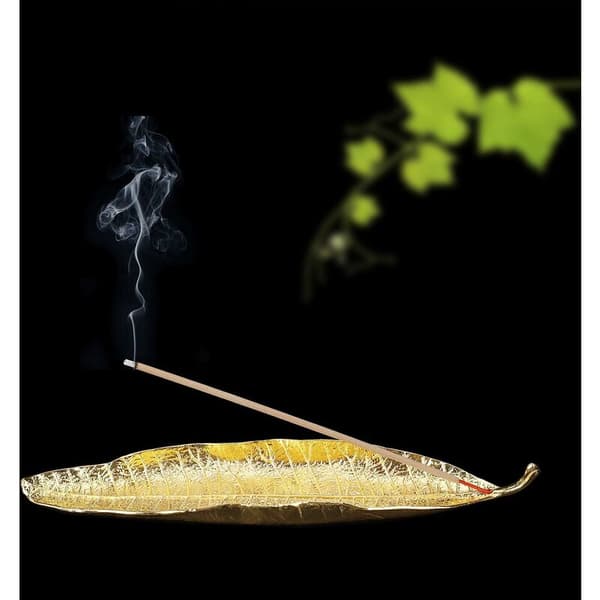 Metal Incense Holder with Leaf Shape, Ash Catcher, Incense Burner, 27 cm Long (Gold)