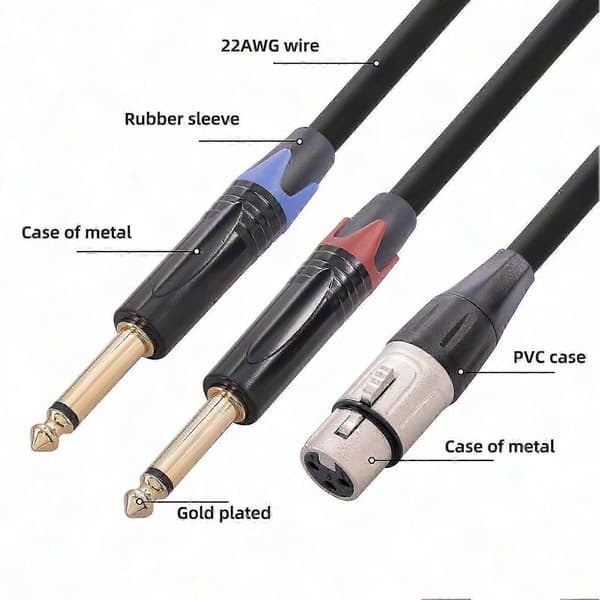 Dobbelt 6,35 mm han til XLR hun Y-splitterkabel, 24K forgyldt, 2m (6,6ft) adapter