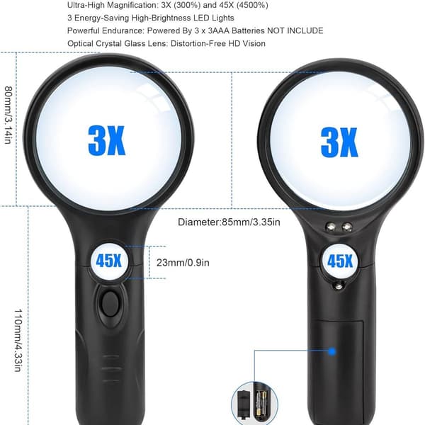 3x LED-forstørrelsesglass for lesing og inspeksjon