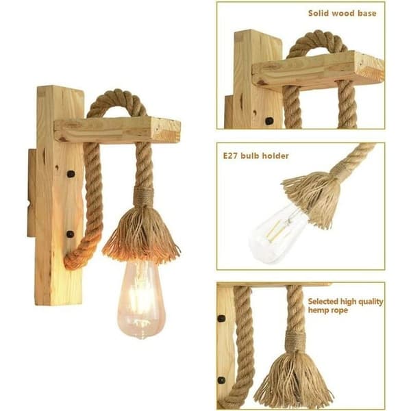 Industrial LED Wall Lamp, Decorative Wooden Hemp Rope Wall Light for Cafe