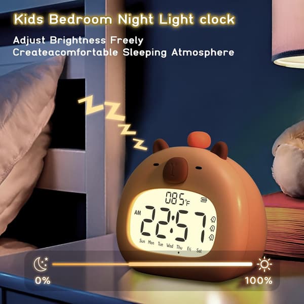 Drop-thread alarm clocks for bedroom, simple digital clock with loud beeps, cute capybara night light dimmable, children's alarm clock, boys