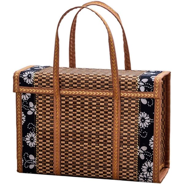 Wicker Picnic Basket with Handle for Fruit, Shopping, Food, Wicker Grass, Foldable Bamboo Basket