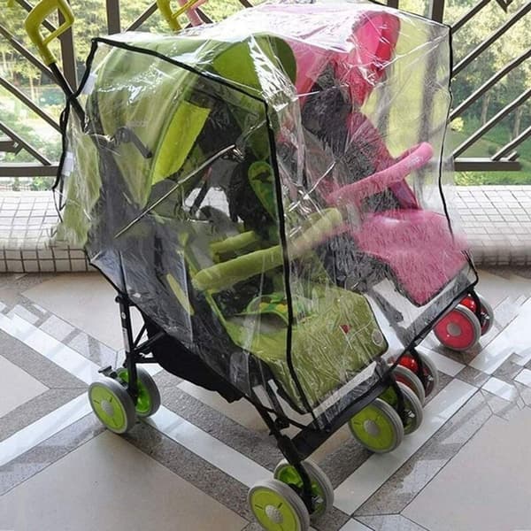 Yleiskäyttöinen sadesuoja vierekkäisille tuplarattaille, läpinäkyvä PVC, pöly ja