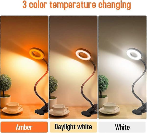 Clip On Light Leselampe, 48 LED Blålysblokkerende Ravfarget Leselampe, 3 Lysfargealternativer, dimbar