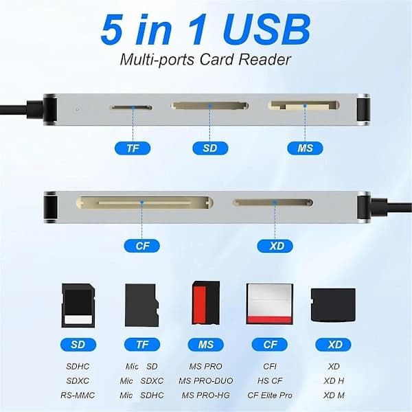 5-i-1 Multi-minneskortläsare SD/TF/MS//XD Kortläsare USB C OTG-adapter