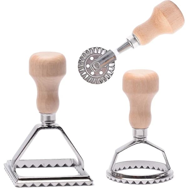 Ravioli Stamp Maker with Rolling Wheel Set, Wooden Handle and Fluted Edge Mold, Pasta Press Kitchen Accessory (3-Piece Cutter Set)