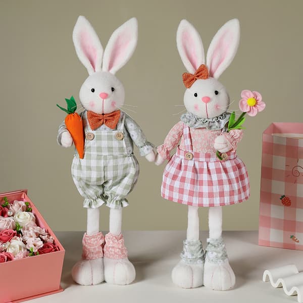 Retractable Long-Legged Easter Bunny, Plush Dwarf with Easter Egg as a Decorative Ornament. Pink pink