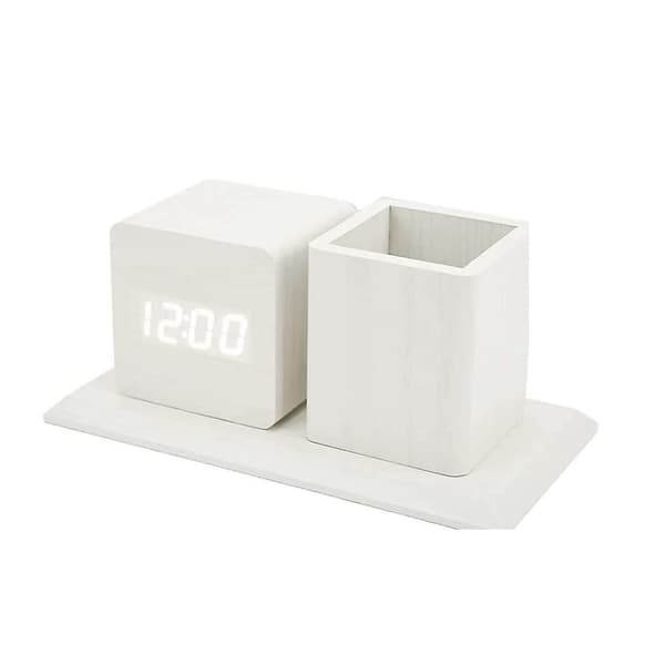 Creative LED Alarm Clock with Wooden Pen Holder: Modern Design Electronic Clock